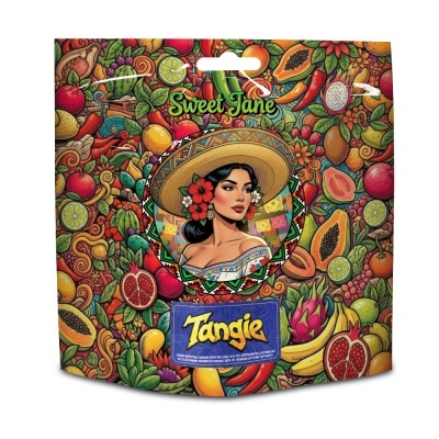 Embalagem decorada com mulher e padrão de frutas tropicais