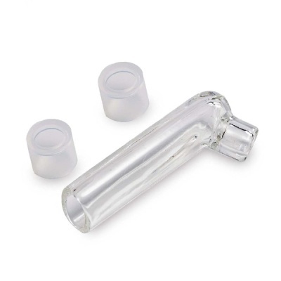 Tubo em vidro transparente em forma de L com duas tampas cilíndricas em silicone translúcido