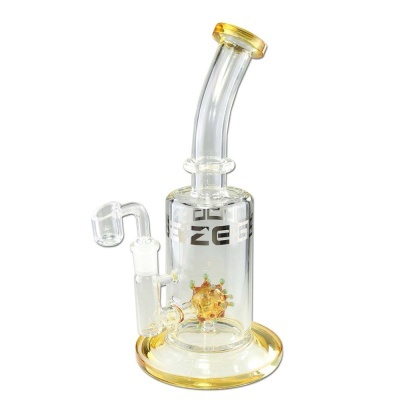 Bong de vidro transparente com detalhes amarelos e perc em forma de esfera colorida