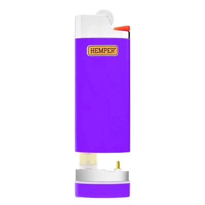 Isqueiro roxo com etiqueta HEMPER e detalhes brancos e laranja