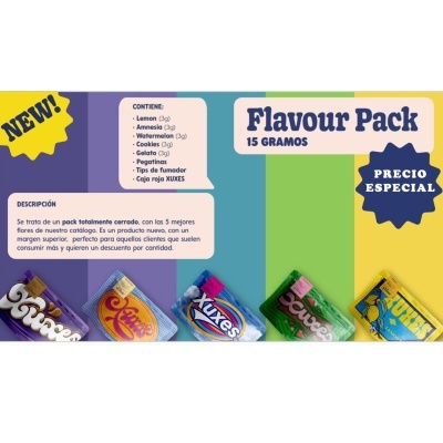 Embalagem colorida com texto Flavour Pack 15 Gramos e lista de sabores em inglês e descrição em espanhol.