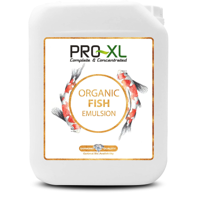 Recipiente branco com rótulo de emulsão orgânica de peixe