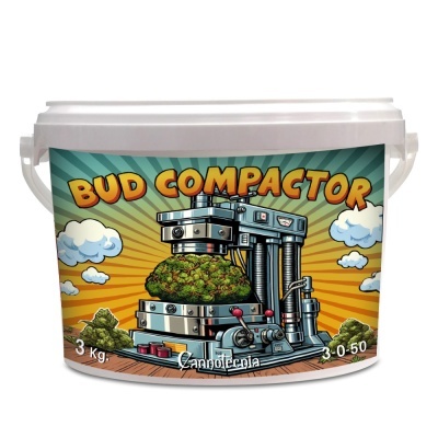 Embalagem branca com etiqueta colorida mostrando máquina compactadora e buds de cannabis