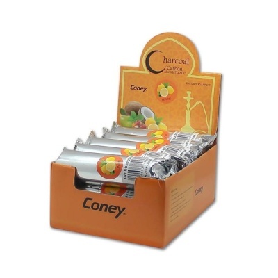Pacotes prateados de carvão aromatizado para narguilé em caixa laranja da marca Coney