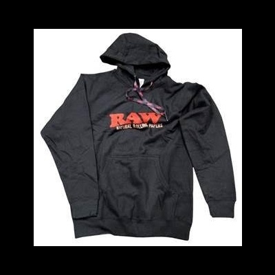 Casaco preto com capuz e bolso frontal com texto RAW em vermelho e branco