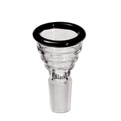 Peça em vidro transparente com anilha preta e texto Black.