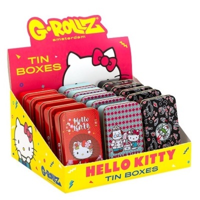 Caixas de lata Hello Kitty em expositor amarelo e vermelho