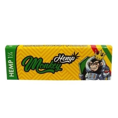 Pacote amarelo de papel de cânhamo com ilustração de macaco astronauta e texto Monkey Hemp