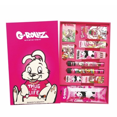 Conjunto G-Rollz Amsterdam com papéis para enrolar e tubos decorados em caixa rosa