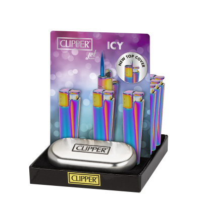 Expositor de isqueiros Clipper multicoloridos com embalagem roxa