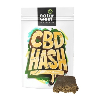Pacote branco com texto colorido CBD HASH e bloco castanho do produto