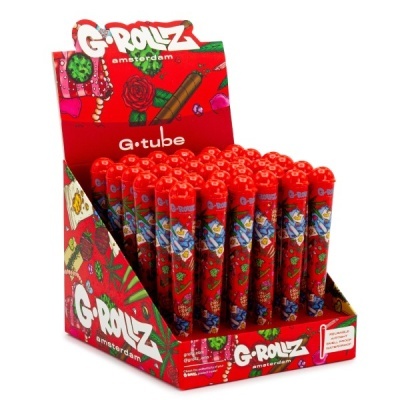 Embalagem expositor vermelho com tubos enrolar G-Rollz Amsterdam G•tube decorados coloridos