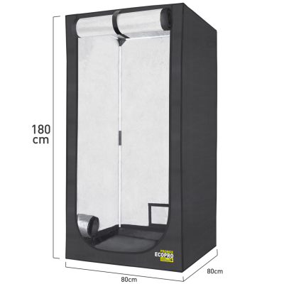 Tenda de cultivo preta e prateada com janelas e etiqueta 'PROFESSIONAL ECOPRO'