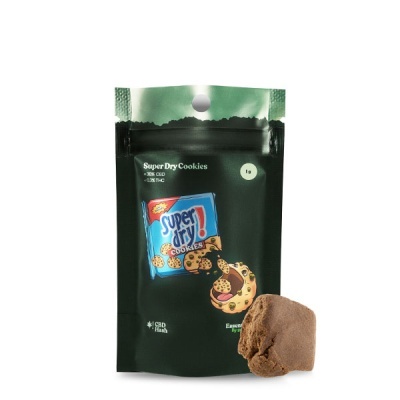 Embalaem preto e verde Super Dry Cookies com texto e imagem de bolachas e pedaço de resina castanha