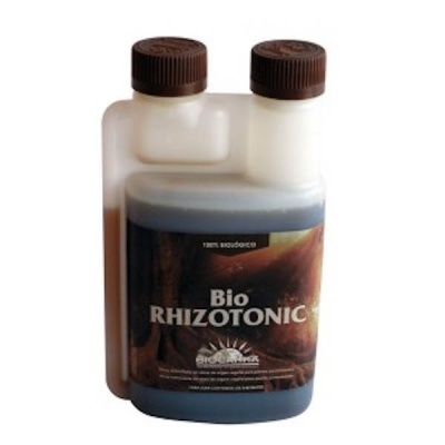 Frasco plástico com etiqueta Bio RHIZOTONIC e tampa castanha