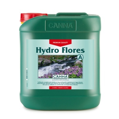 Recipiente verde com fertilizante Hydro Flores A da CANNA com rótulo azul e imagem de rio