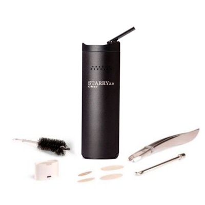 Vaporizador preto STARRY 3.0 com acessórios de limpeza e suporte, fundo branco
