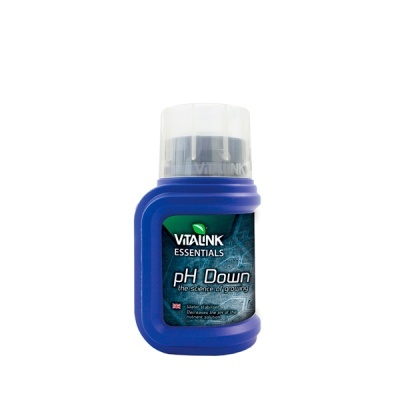 Frasco plástico azul com tampa branca e rótulo Vitalink Essentials pH Down.