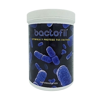 Frasco plástico branco com rótulo preto e azul de produto chamado bactofil