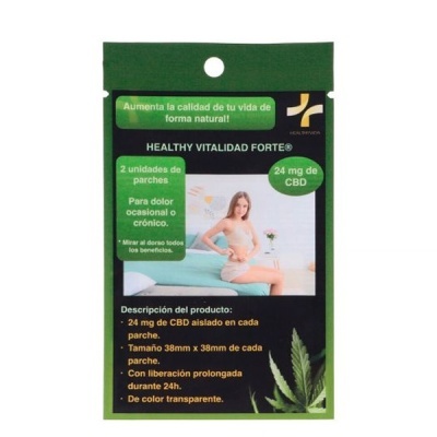 Embalagem de parches CBD Healthy Vitalidad Forte com texto e imagem de mulher e folha de cannabis