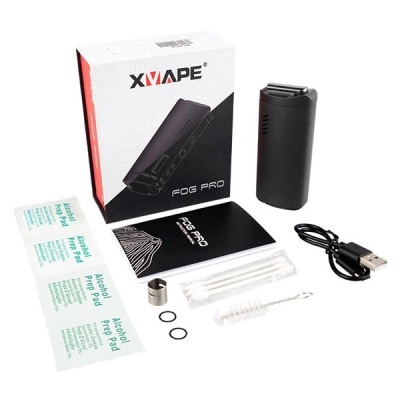 Kit vaporizador portátil XVAPE FOG PRO preto com acessórios e embalagem