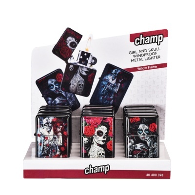 Isqueiros metálicos champ com designs de raparigas e caveiras em suporte