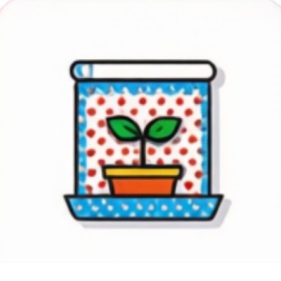 Ilustração de planta num vaso com fundo de pontos vermelhos e azuis