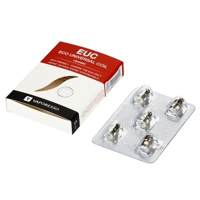Caixa de resistências EUC ECO UNIVERSAL COIL Vaporesso ao lado de blister com cinco resistências