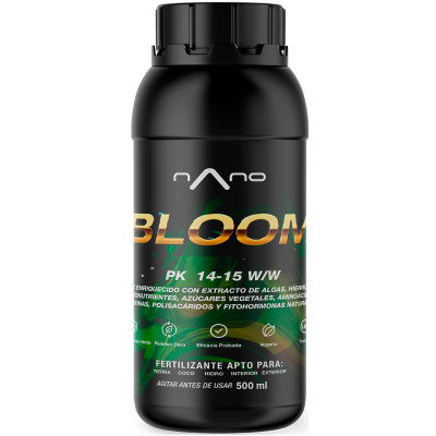 Frasco preto de fertilizante líquido nano BLOOM PK 14-15 W/W de 500 ml