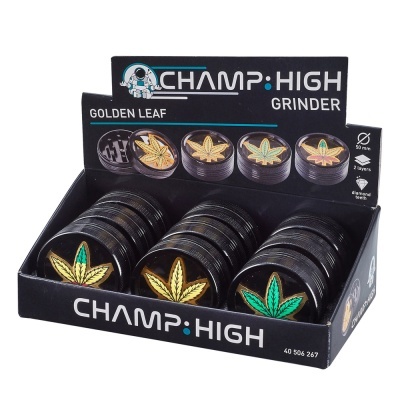 Trituradores CHAMP HIGH com folhas decorativas douradas e verdes em caixa preta