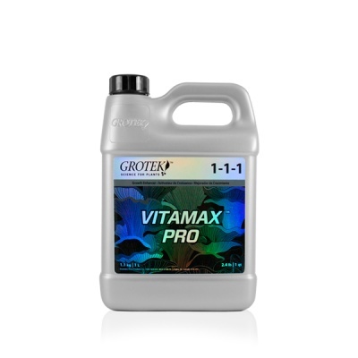 Recipiente de plástico cinzento com rótulo azul de produto Vitamax Pro