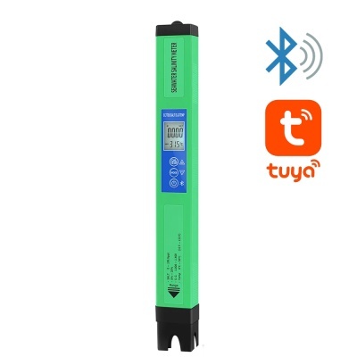 Medidor digital de salinidade de água do mar verde com visor LCD azul e botões