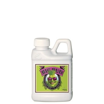 Frasco branco com etiqueta BIG BUD e personagem vegetal com óculos roxos