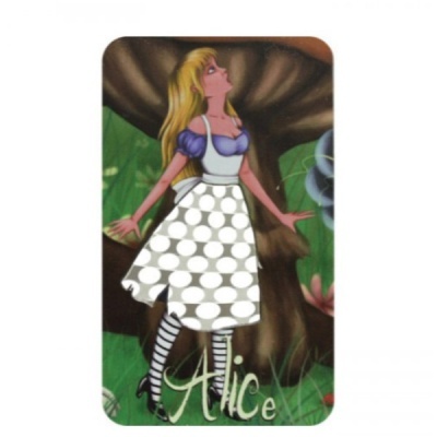 Cartão ilustrado de Alice com vestido azul e avental branco com padrão de círculos