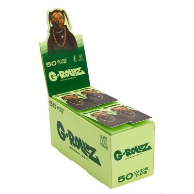 Caixa verde clara de filtros para tabaco G-Rollz com imagem de cão e texto em verde escuro