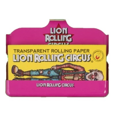 Pacote de papel de enrolar transparente Lion Rolling Circus amarelo com ilustração de clown e embalagem rosa