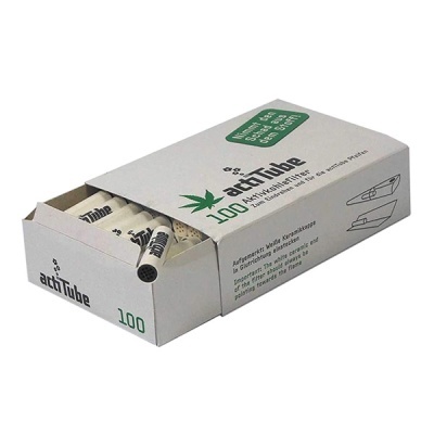 Caixa branca de filtros activados actiTube com texto e símbolos verdes.