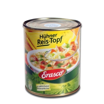 Lata de sopa Hühner Reis-Topf Erasco com rótulo amarelo e verde e imagem da sopa