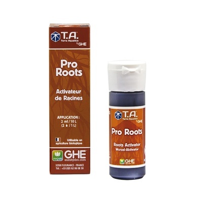 Embalagem e frasco do ativador de raízes Pro Roots T.A. Terra Aquatica by GHE em fundo branco