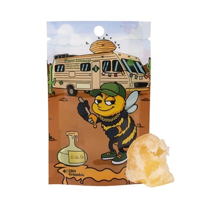 Embalagem cbd crumble com abelha e autocaravana desenhada, com pedaço sólido amarelo
