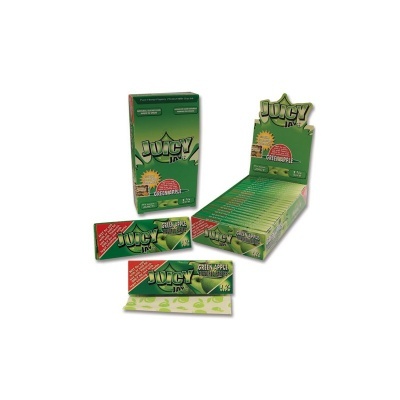 Papel para enrolar Juicy Jay's sabor Green Apple em embalagem verde com imagens de maçãs
