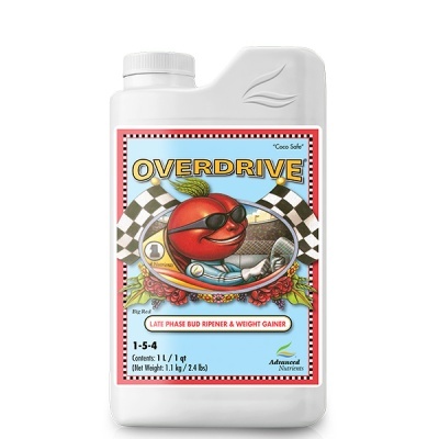 Frasco branco com rótulo colorido do produto OVERDRIVE 1 litro