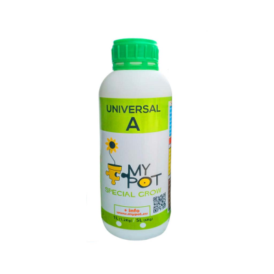 Frasco branco com tampa verde e rótulo verde e branco para produto Universal A My Pot Special Grow