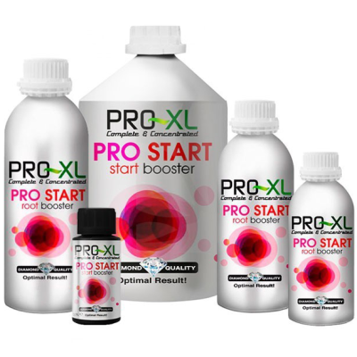 Frascos prateados do produto PRO-XL PRO START com design colorido e tampas brancas e preta