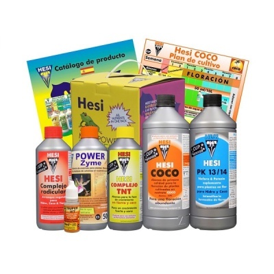 Conjunto de produtos de cultivo Hesi com vários frascos coloridos e caixa amarela, acompanhados de folhetos coloridos