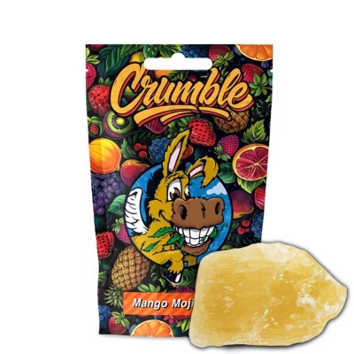 Embalagem colorida com frutas e personagem de burro, e pedaço amarelo do produto