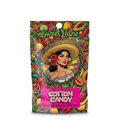Embalagem colorida com ilustração de mulher e texto Sweet Jane e Cotton Candy