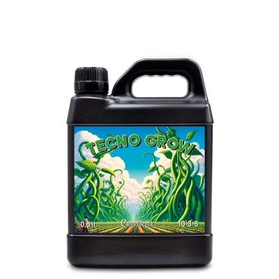 Frasco preto de fertilizante líquido TECNO GROW com rótulo colorido e plantas verdes