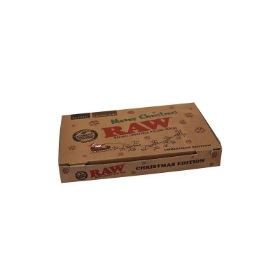Embalagem de papelão RAW edição de Natal com texto e símbolos natalícios
