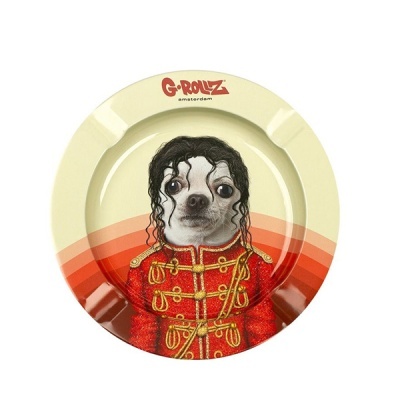 Cinzeiro com imagem de cão vestido com casaco vermelho e texto G-ROLLZ amsterdam